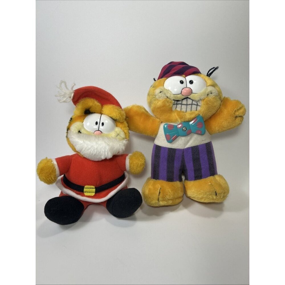 Pair Of Vtg Garfield Plush Spinning Bowtie And Santa Cause
